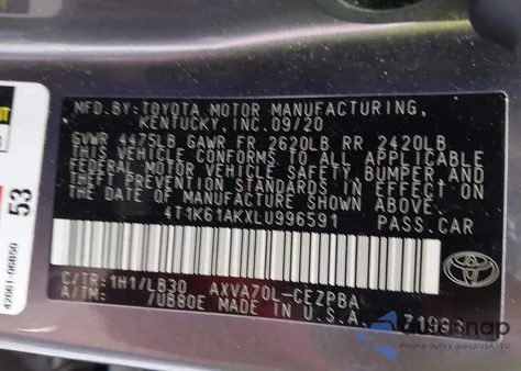 2020 Toyota Camry Xse from USA, damaged, VIN 4T1K61AKXLU996591